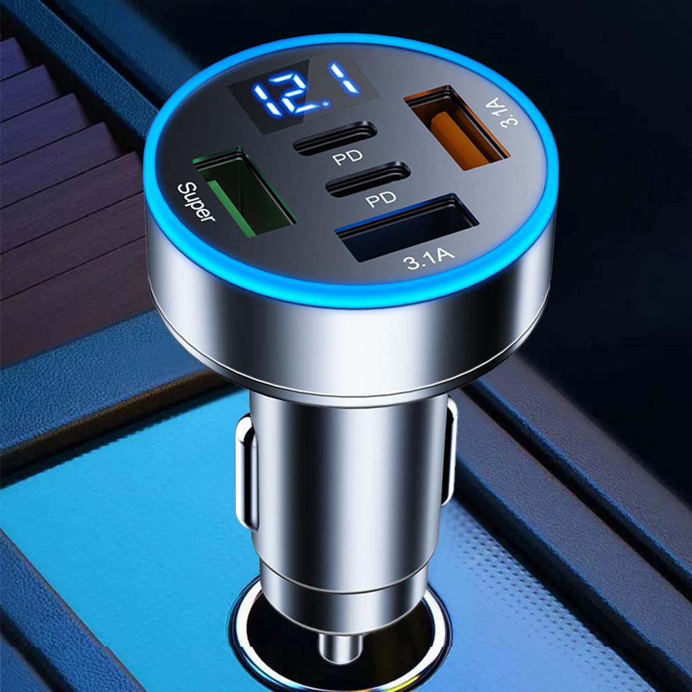 250W Car Charger 5 In 1 Fast Charging Adapter 3USB +2PD QC3.0 Car Phone Charger with Voltage Monitor for Smartphones