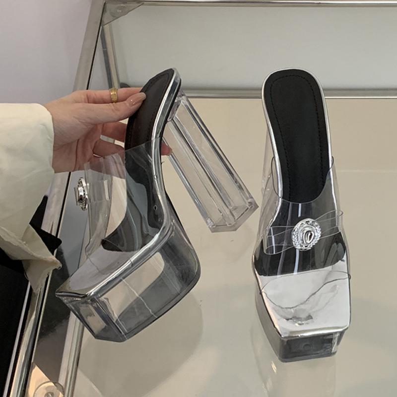 Liyke Прозрачные туфли на высоком толстом каблуке Современные тапочки Женская мода Металлическая пряжка Квадратный носок Платформа Сандалии Прозрачная обувь Женщины