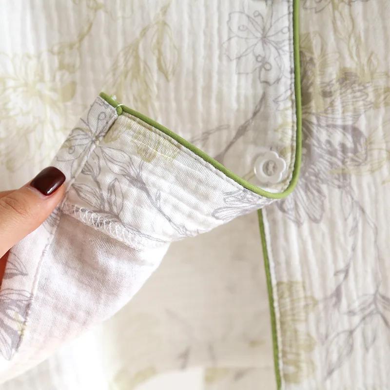 Летний женский пижамный комплект из 100% хлопкового крепа, домашний декор, отложной воротник, напечатанный, длинный рукав, женский комплект