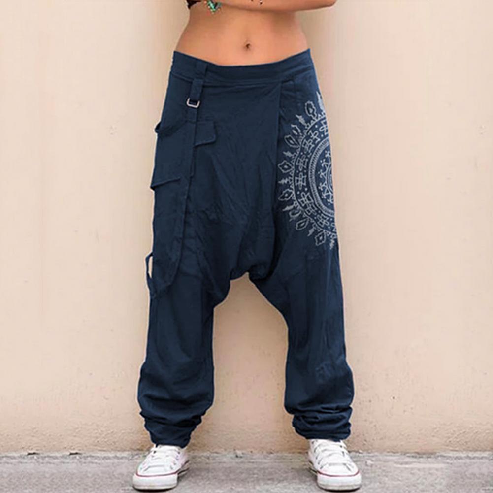 Men's Casual Elastic Waist Baggy Trousers Long Pants Harem Boho Low Rise Drop Crotch Retro Loose Print Trouser Men Clothing
