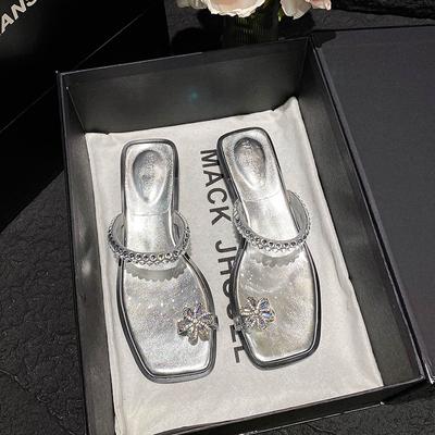 YD-Маленький цветок~ Квадратный носок со стразами, шлепанцы на плоской подошве, женские сандалии, летняя обувь