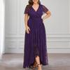 Women Evening Dress V Neck Lace Irregular Hem Short Sleeves Solid Color Dress-up High Waist Ankle Length Plus Size Lady Maxi Dress Women Clothes