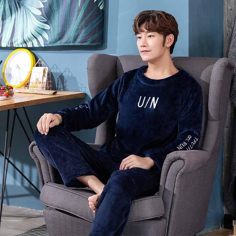 Утолщенная теплая зимняя фланелевая пижама для мужчин с длинными рукавами, длинные брюки с буквами, пижамы для дома, домашняя одежда, комплект из двух предметов