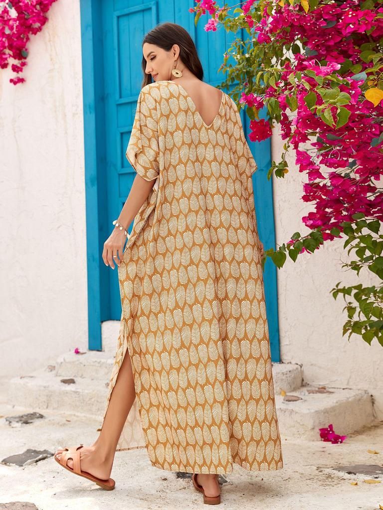 Пляжная накидка с V-образным вырезом с принтом: Свободный халат в европейском и американском стиле для отдыха на море