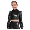 Girls Jazz Dance Top Mock Neck Long Sleeves with Invisible Zipper Back Shiny Rhinestones Metallic Dancewear