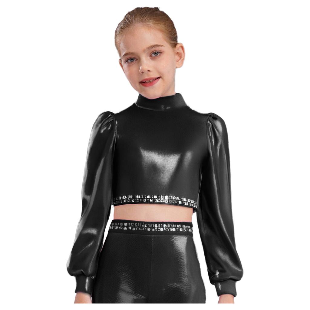 Girls Jazz Dance Top Mock Neck Long Sleeves with Invisible Zipper Back Shiny Rhinestones Metallic Dancewear