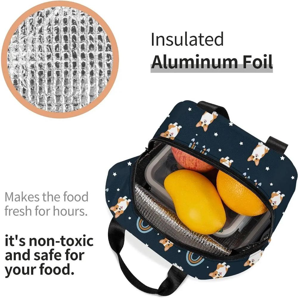 Черная сумка для ланча в стиле бохо с радугой и корги, милый принт корги, термоизолированный контейнер для ланча с передним карманом для работы, пикника, путешествий