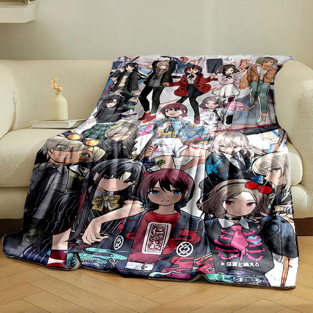 A vibrant group of anime-styled characters in diverse outfits and poses. for all seasons blanket lunch break throw gift