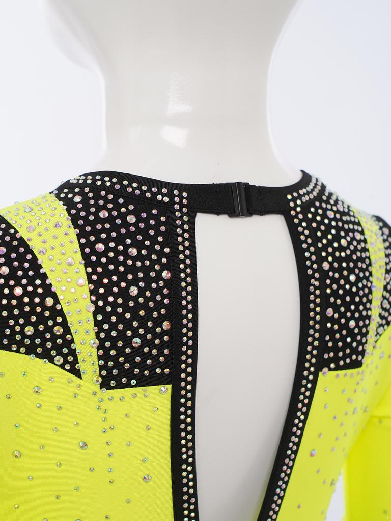 Гимнастический купальник для девочек с длинным рукавом, с вырезом-капелькой на спине, блестящими стразами, одежда для фигурного катания и танцев