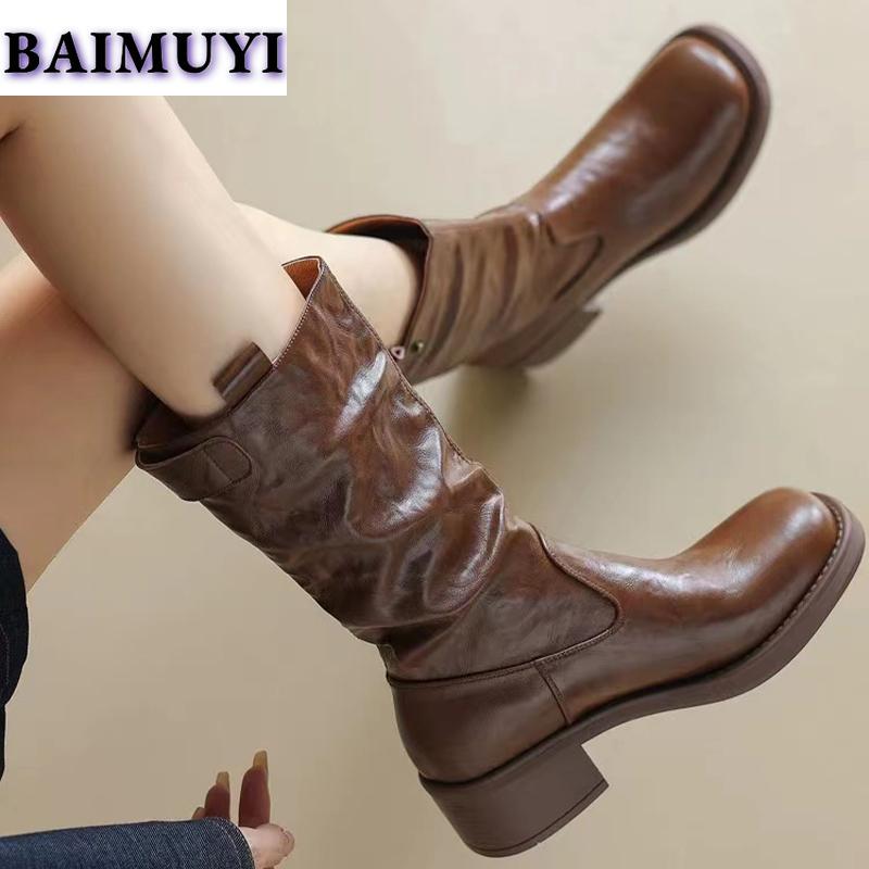 Женские туфли на среднем каблуке, высокие фирменные сапоги до середины голени, тренд 2025 года, дизайнерские повседневные прогулочные ботинки челси, зимние новые туфли-лодочки Mujer Botas