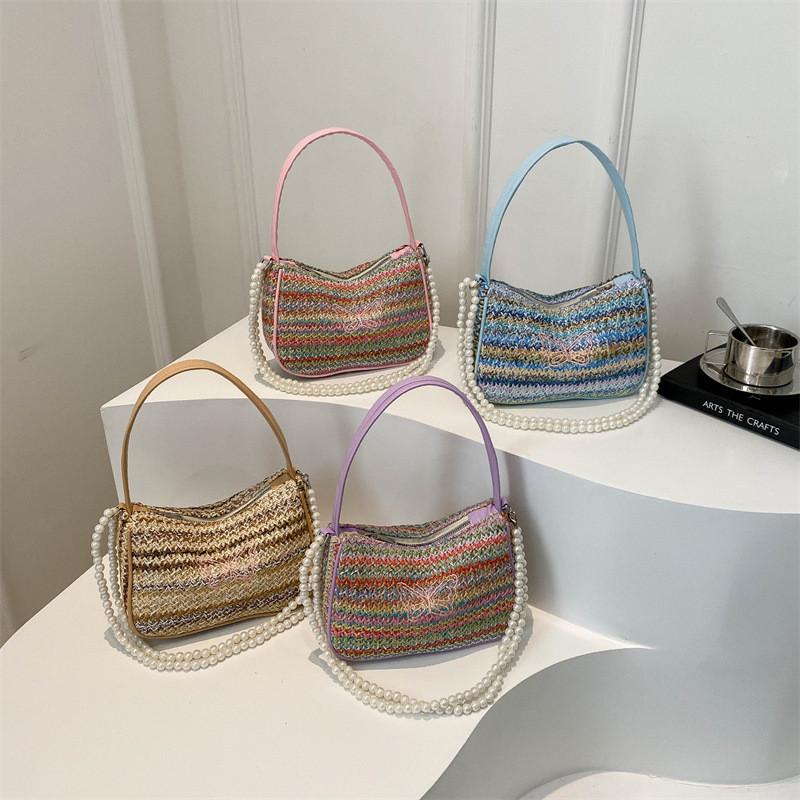 Stylish National Style Woven Bag With Pearl Chain Strap Small Shoulder Bag For Casual Outfits