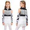 Girls Cowgirl Costume Dance Outfit Printed Sleeveless Layered Tassel Contrast Color Jumpsuit Fringed Gloves