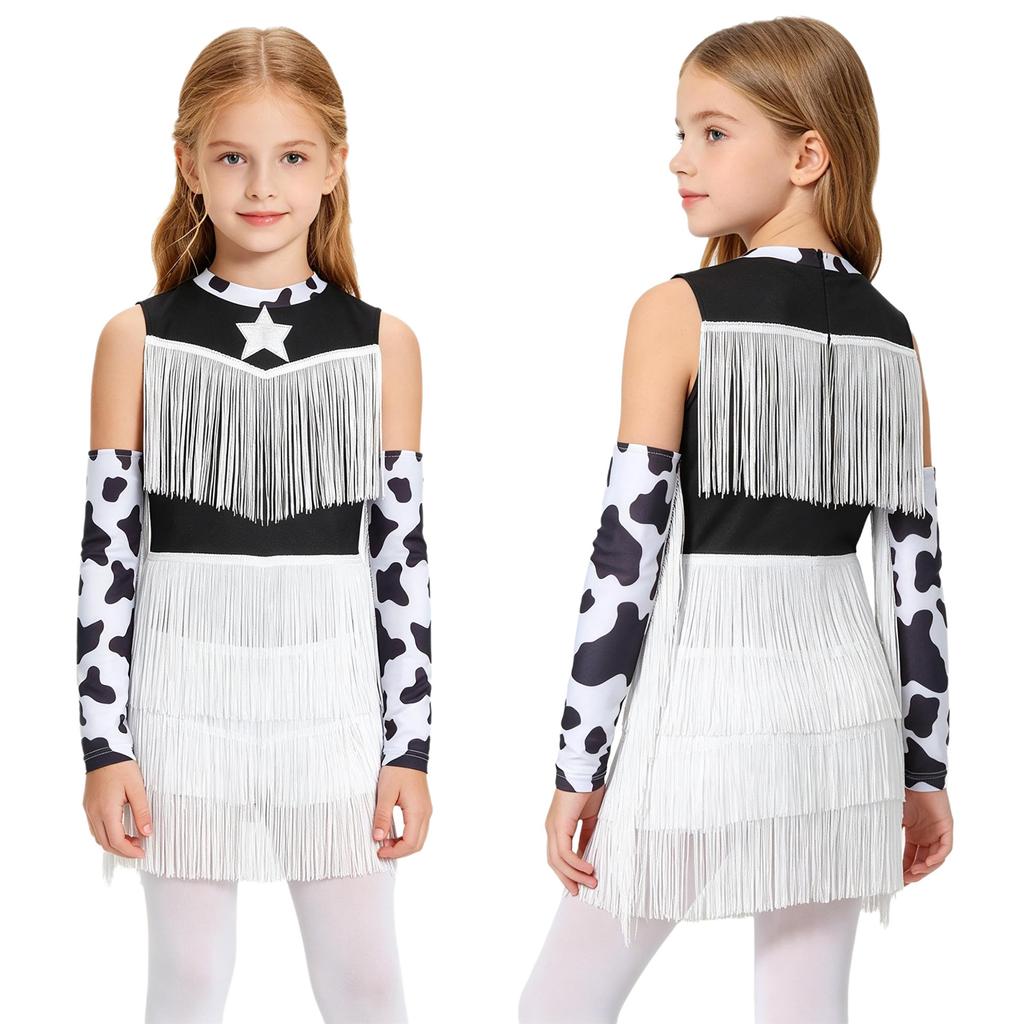 Girls Cowgirl Costume Dance Outfit Printed Sleeveless Layered Tassel Contrast Color Jumpsuit Fringed Gloves