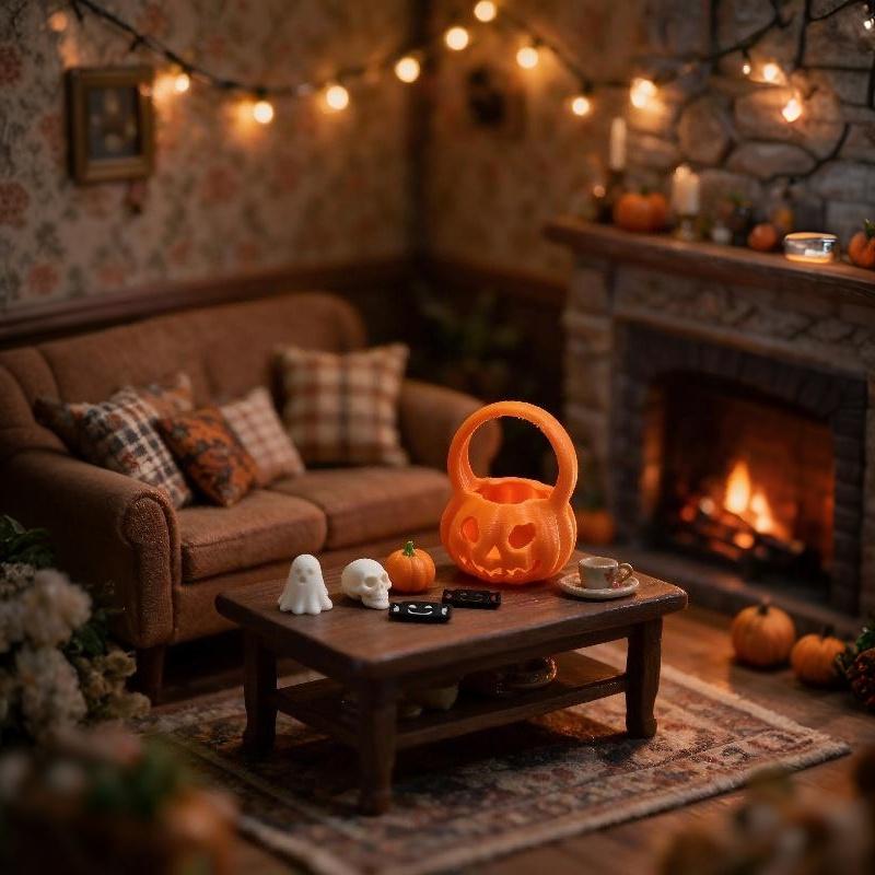 Mini Halloween Dollhouse Decoration Set Non-toxic Realistic Pumpkin Ghost Skull Figurine for Kids Room Shelf Decor
