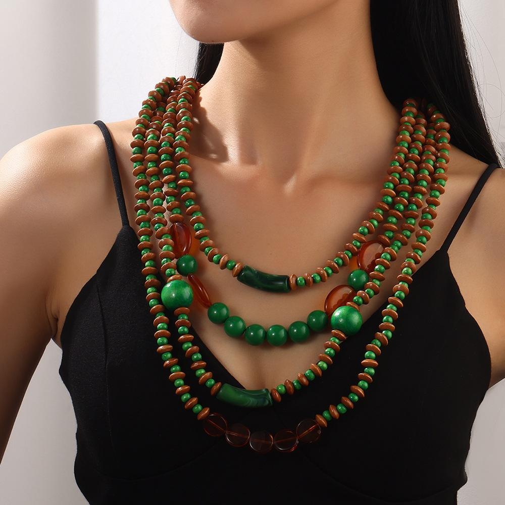 Ожерелье в стиле бохо, ретро, многослойное, имитация бирюзы, деревянные бусины ручной работы, длинное ожерелье-водопад для женщин