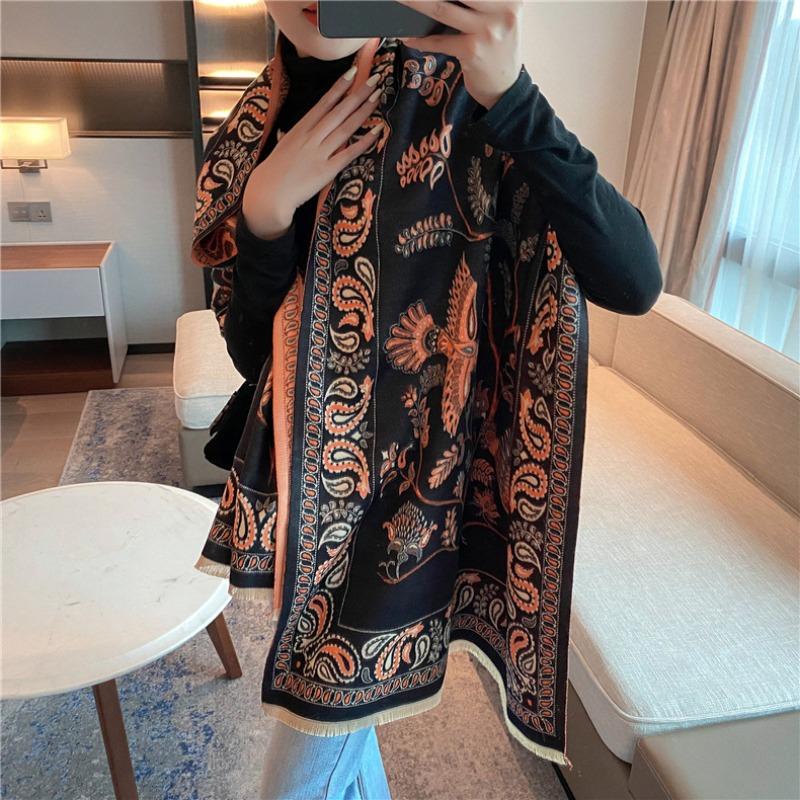0G Thickened Version Retro Bird Scarf Women's Winter High-end Warm Scarf Imitation Cashmere Shawl