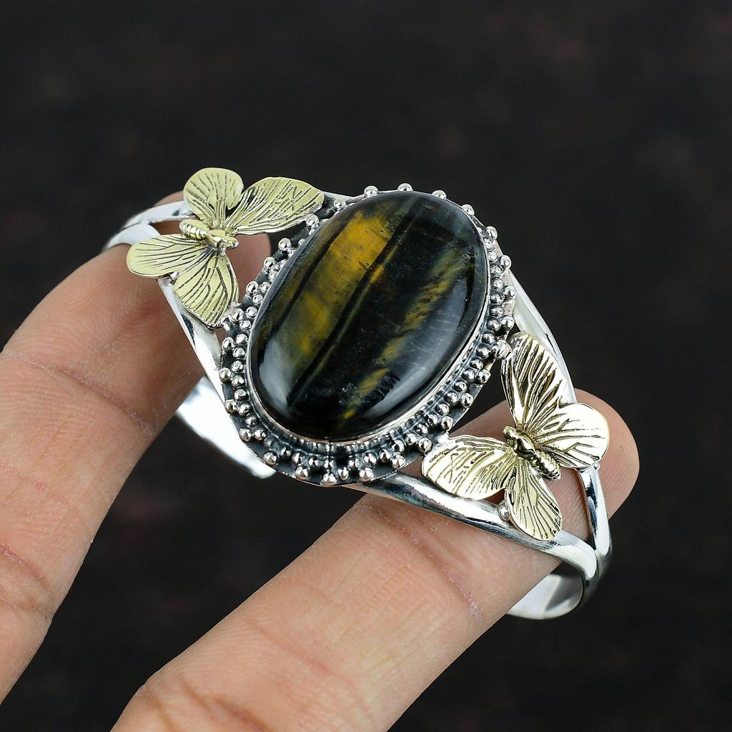 Pietersite Cuff Bracelet Gemstone Butterfly Bangle Handmade Jewelry 925 Sterling Silver Cuff Bracelet Adjustable Bangle 18K Gold Plated Cuff