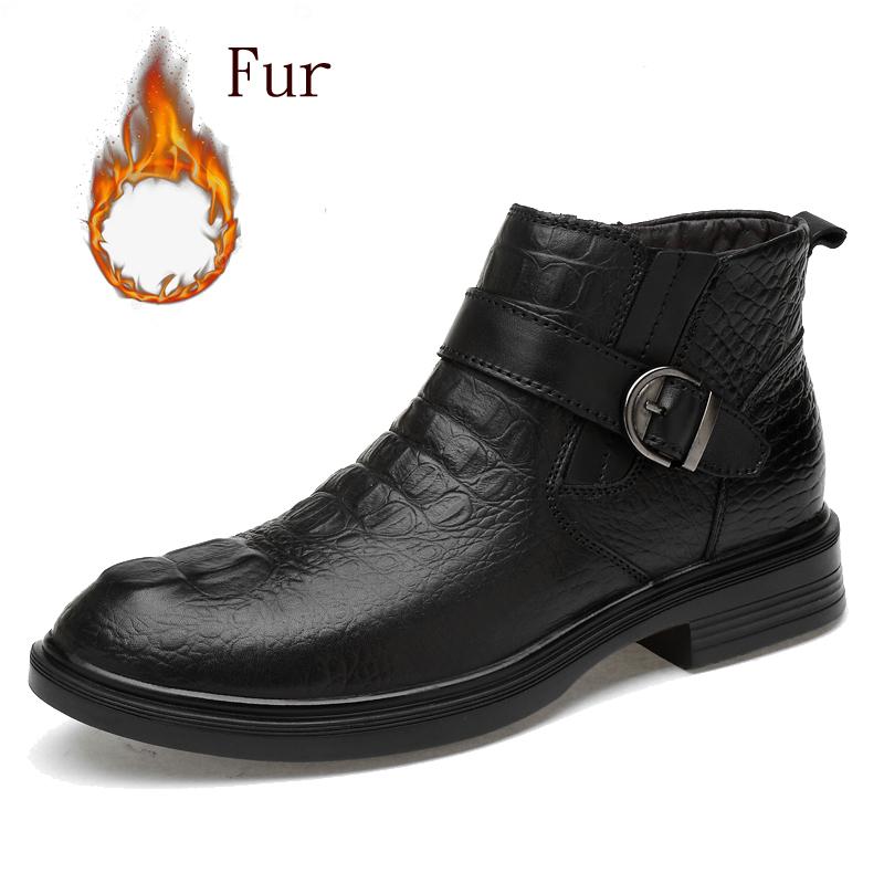 Зимние высококачественные кожаные ботинки, мужские кожаные ботинки «Челси» на толстой подошве, черные деловые ботинки, повседневные ботинки с узором из крокодиловой кожи