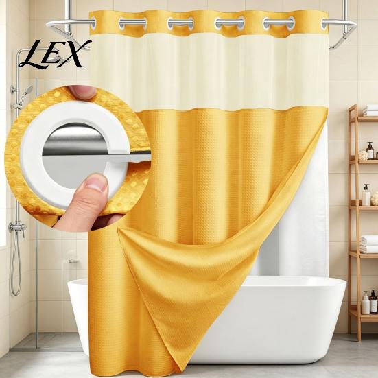 Standard Size Shower Curtain No Hook Curtain, Waterproof with Snap-on Liner, for RV Mesh Top, Machine Washable Divider Bathroom Hotel Premium
