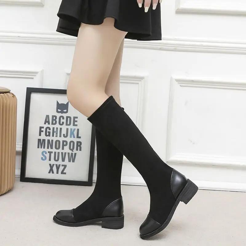 Ladies Knee High Shaft Shoes Elastic Women's Long Boots Middle Heel Round Toe New In On Offer Designer Luxury Hot Demi-season Pu