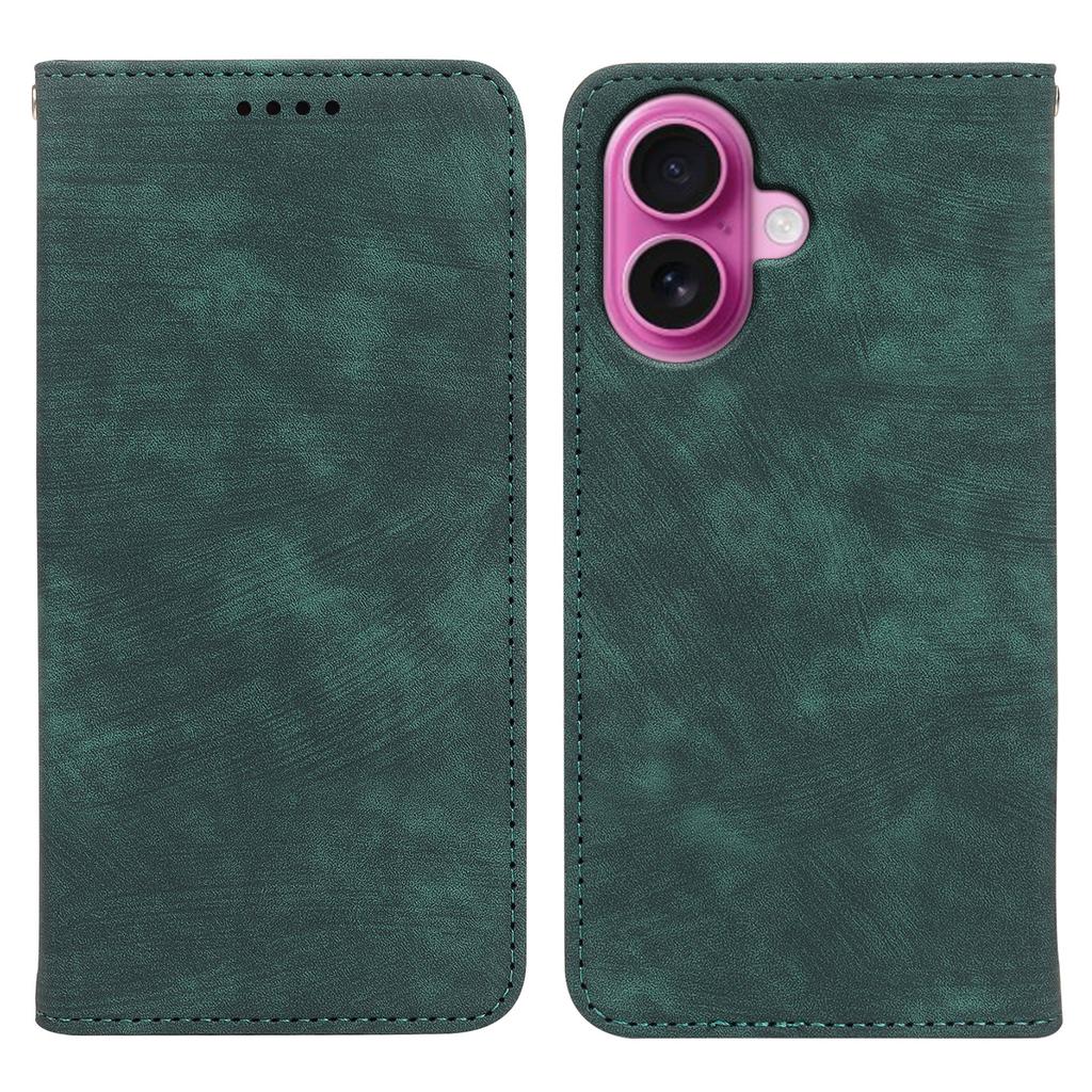 For iPhone 16 Case Strong Magnetic Leather Wallet Phone Cover with Striped Texture - Black