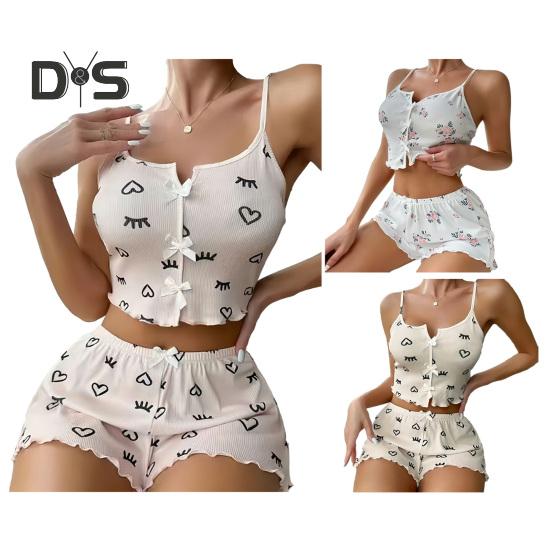 Женский пижамный комплект из 2 предметов с принтом, укороченный топ без рукавов и шорты, комплект одежды для сна, летние комплекты для отдыха в рубчик