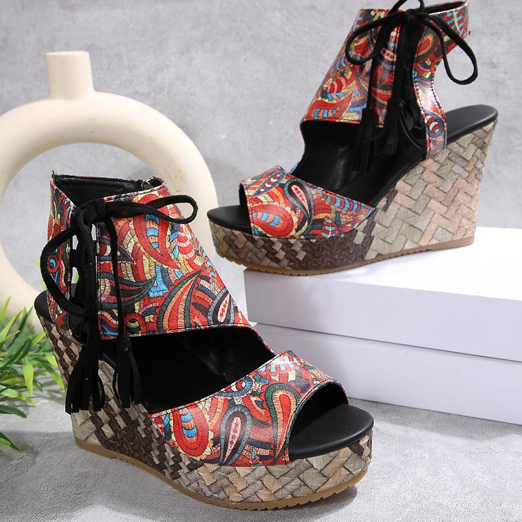 Женские Сандалии на Танкетке Повседневные Римское Плетение Водонепроницаемые Платформа Женские Сандалии Бахрома Высокий Каблук Обувь Женские Sandalias De Mujer