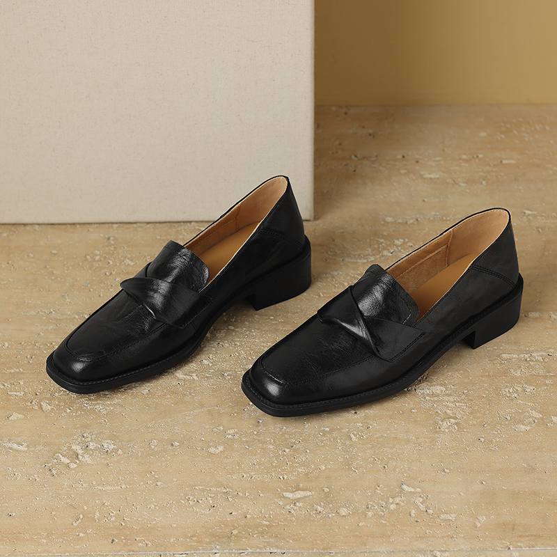 Krazing Pot Cow Leather Square Toe Thick Med Heels Spring Shoes Loafers Oxford Shoes Daily Wear Women Pumps