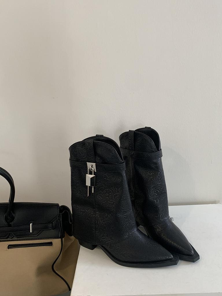 Fashion Pointed Toe Women Mid Calf Boots Black White Rivet Design Thick High Heels Fashion Dress Shoes Woman Side Zipper 2024 News