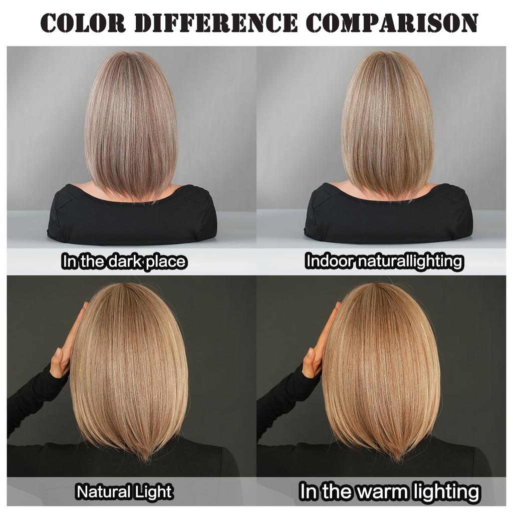 Professional WIGS Synthetic Short Straight Ash Brown Bob Wig for Women High Density Layered Highlight Blonde Hair Wigs with Neat Bangs