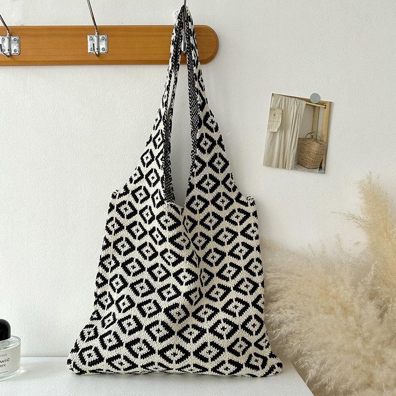 Модная геометрическая контрастная цветная вязаная вручную сумка-тоут женская минималистичная большой вместимости вязаная крючком сумка через плечо