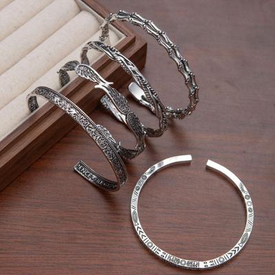 Унисекс Браслеты из металла с античным серебряным листом и резьбой в виде бамбука