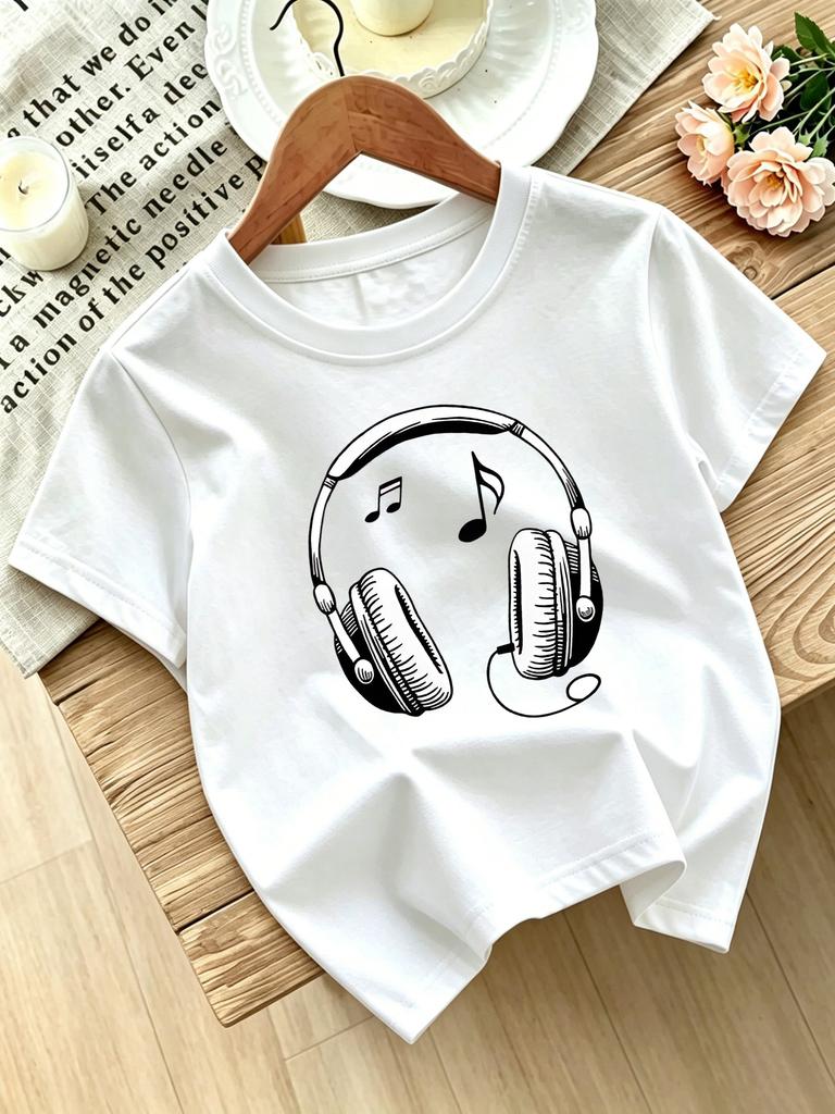 Cute Headphone Music Note Print Family Matching T Shirt Boys Girls Tee Parent Child Casual Top Mom Dad Kids Summer Daily Wear