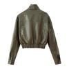 Womens Stand Collar Zipper Long Sleeve Faux Leather Cropped Jacket Streetwear Loose Fit 2025