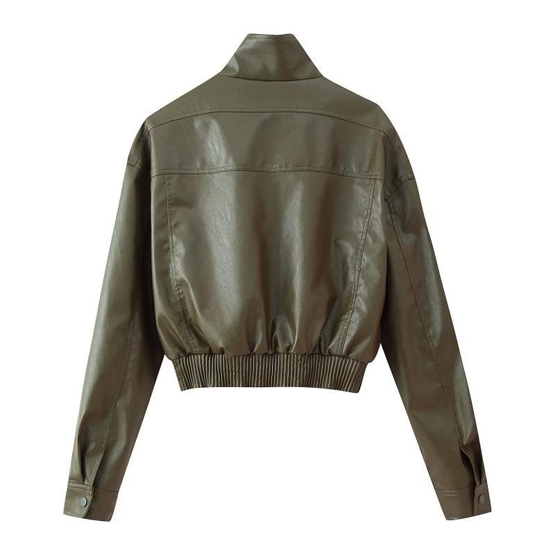 Womens Stand Collar Zipper Long Sleeve Faux Leather Cropped Jacket Streetwear Loose Fit 2025