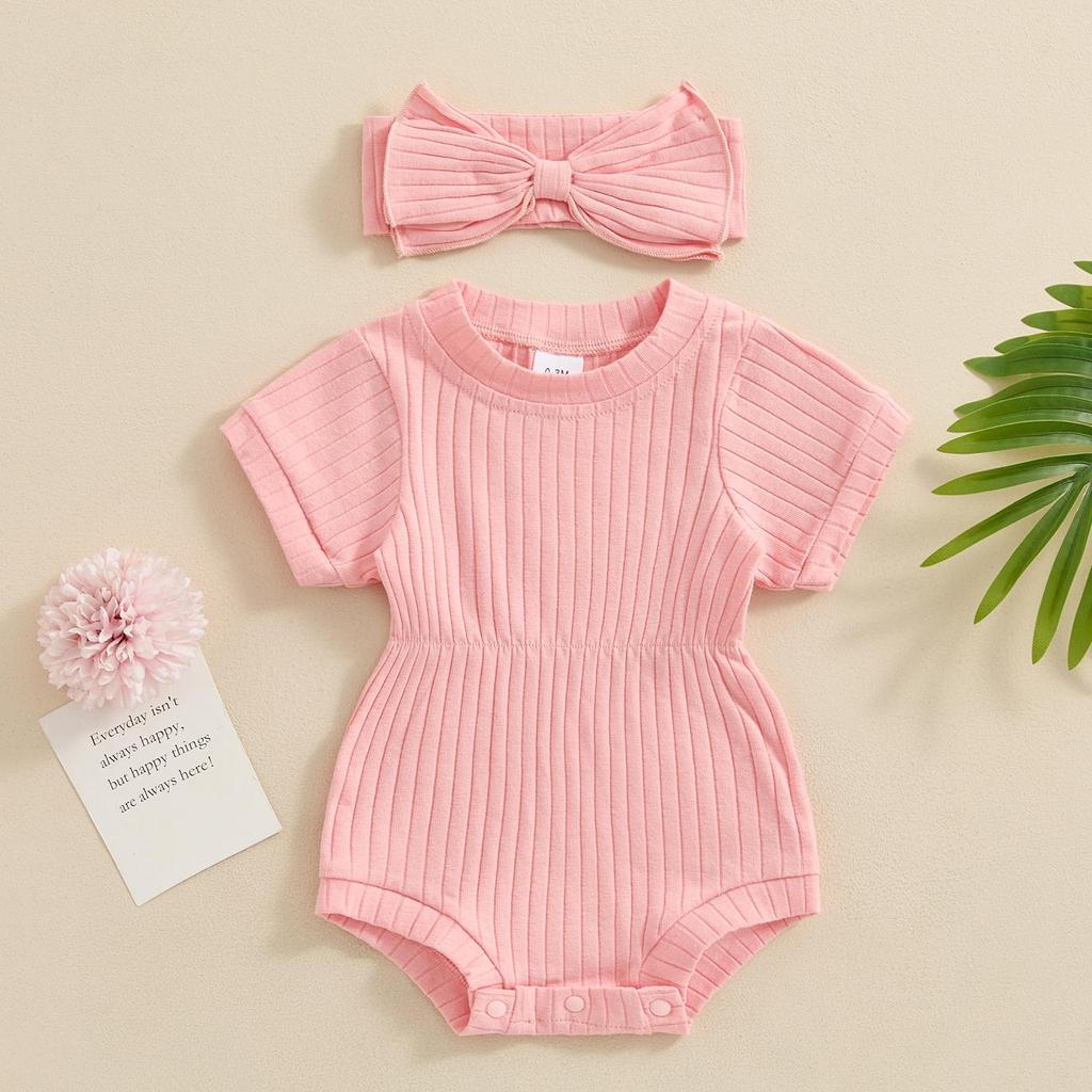 Наряд для новорожденных девочек 3, 6, 9, 12, 18 месяцев, однотонное боди с короткими рукавами и круглым вырезом, повязка на голову с бантом, летняя одежда