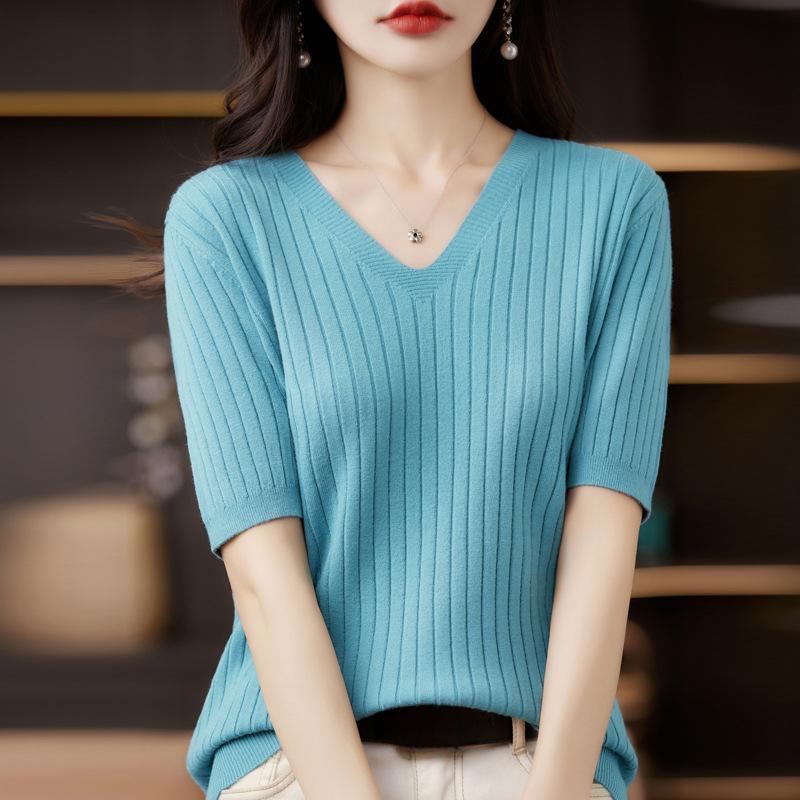 DAFIFY Women's Fashion Casual Summer Spring Solid Color Print Short Sleeve V-Neck Blouses & Shirts