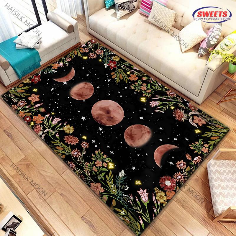1PC Sun Moon Starry Sky Flower Grass Theme Printed Carpet ! Rug for Living Rooms Bedrooms, Office Areas, Four Seasons Mat Gifts