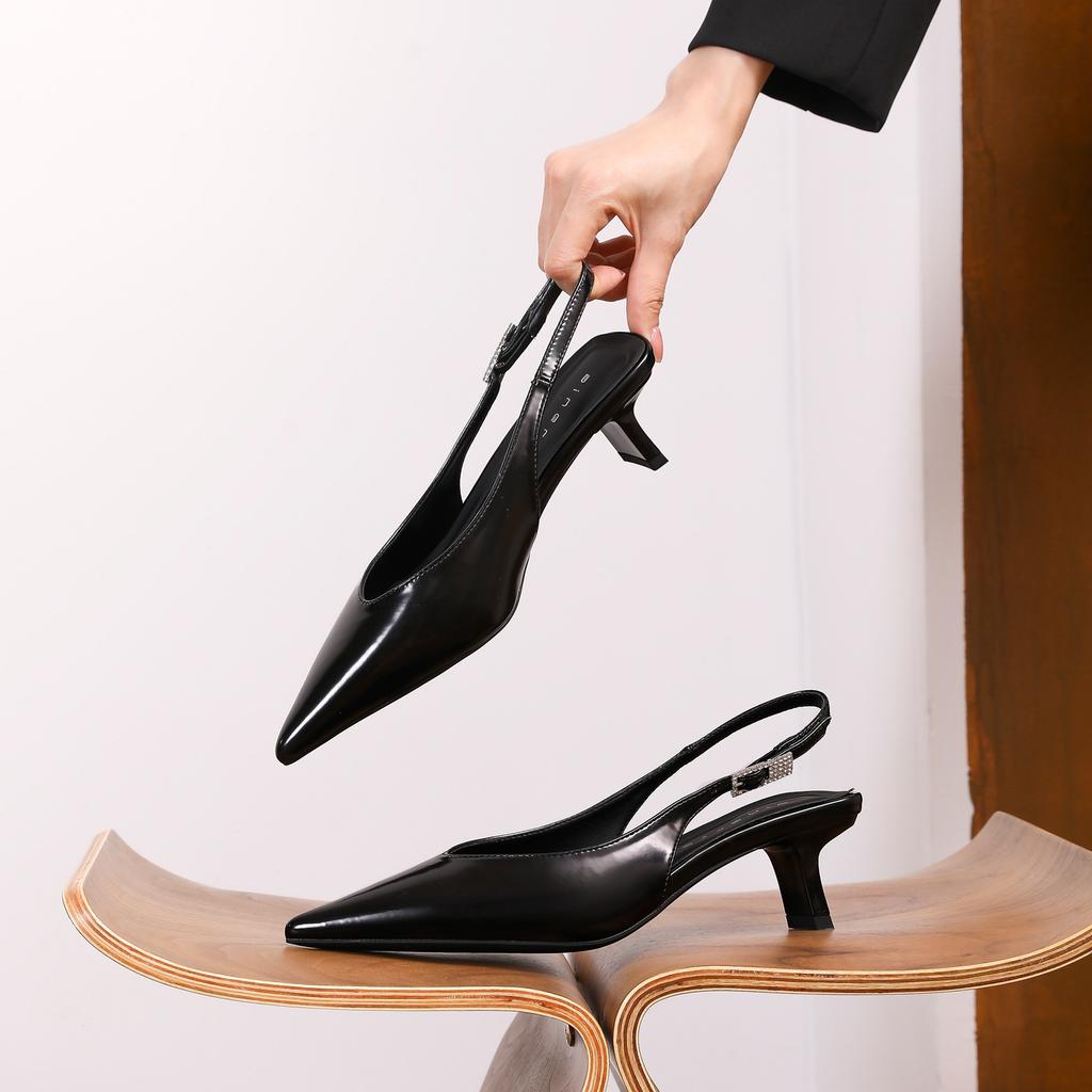 59009 High Heels Women's Thick Heel 2025 New Pointed Empty Sandals Simple Commuting Shallow Mouth Single Shoes