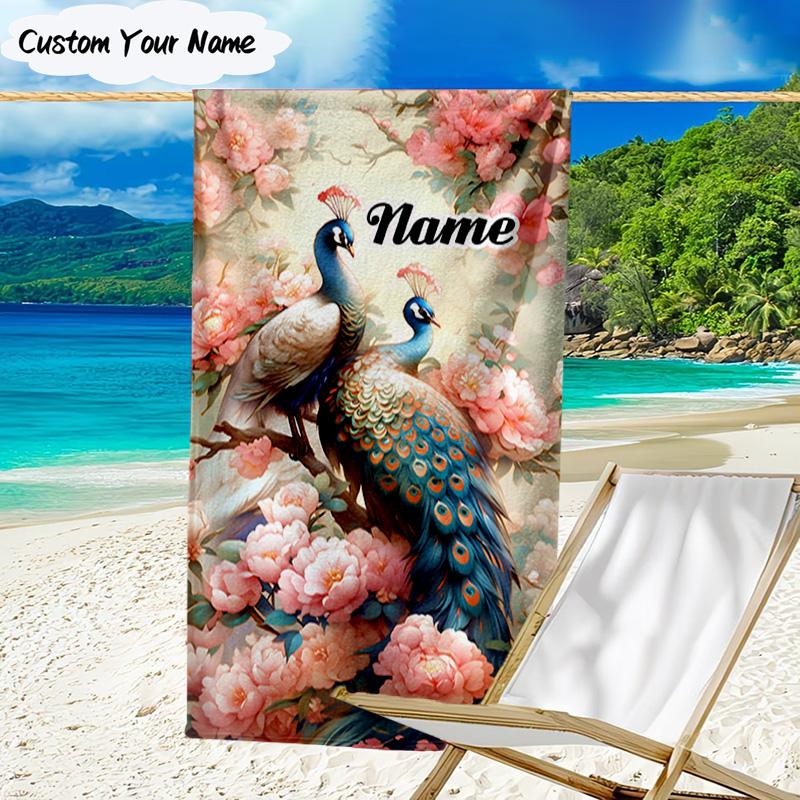 1PC Custom Name Beach Towel Peacock Flowers Romance Beach Towel, Suitable for Camping, Travel, Beach Accessories, Super Absorbent, Family Gift