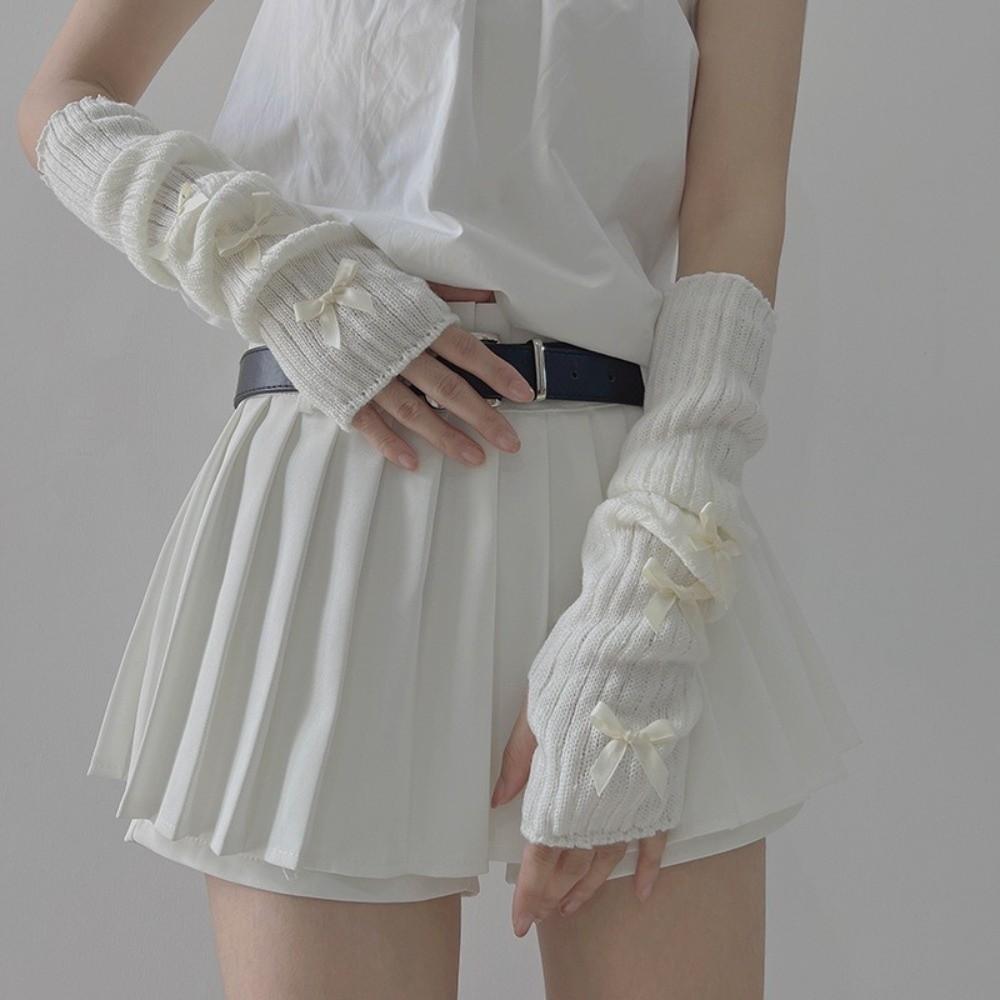 Slouchy Bow Knitted Arm Warmers Long Wrist Cuffs JK Style Sleeve Covers Street