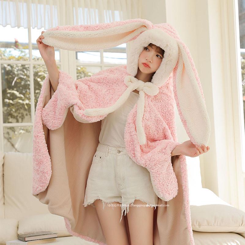 Уютная шаль с кроличьими ушками для осени и зимы - Толстое, милое одеяло для офиса, студентов или для сна