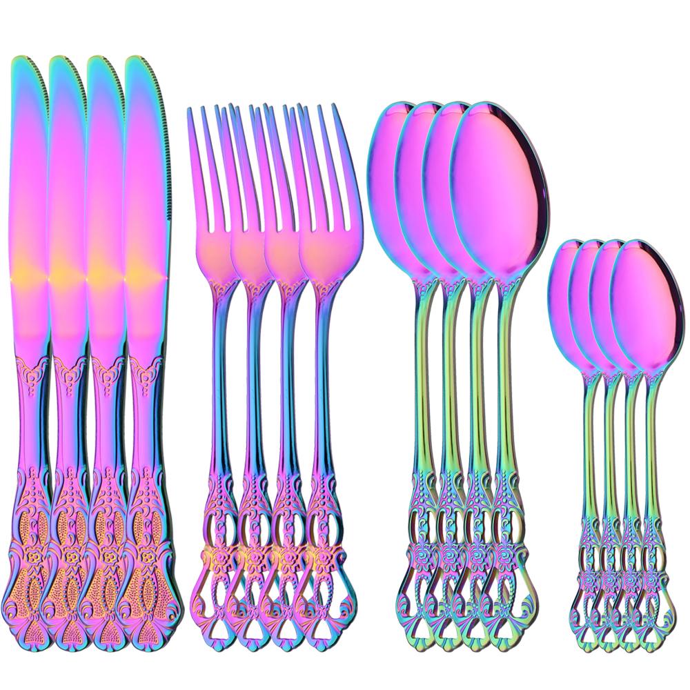 16 шт. серебряный набор столовых приборов, обеденная вилка, нож, десертная ложка, набор столовой посуды из нержавеющей стали, столовое серебро в стиле вестерн, посуда, свадебный подарок