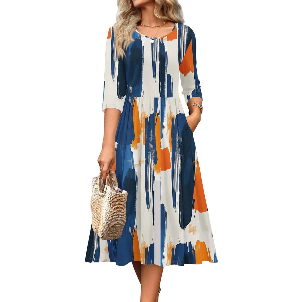 3/4 Sleeve Women's Dress Casual Flowy A-Line Midi Tshirt Dresses With Pockets Crewneck Vocation Boho Beach Sundress