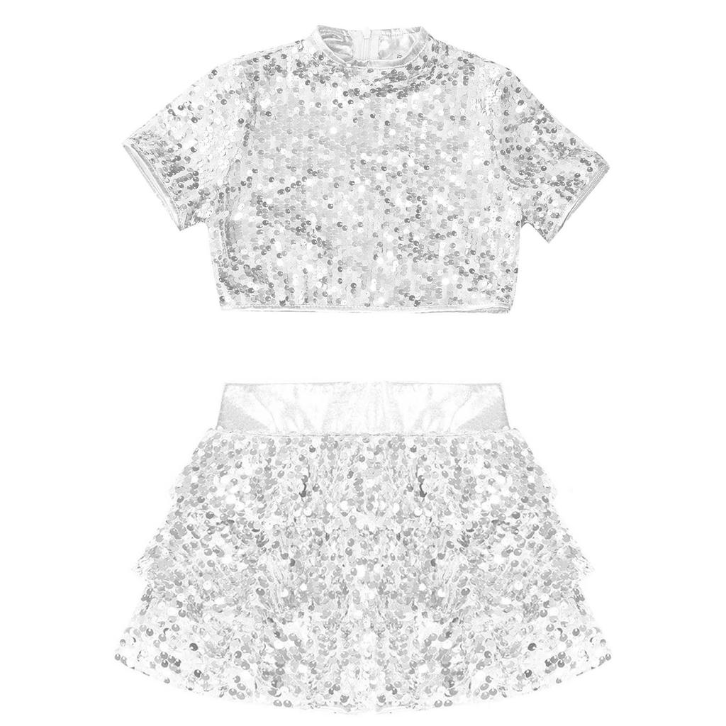 Костюм для чирлидинга для девочек, топ-кроп с коротким рукавом и воротником-стойкой, расшитый блестящими пайетками, шорты с многоярусной юбкой-рюшем