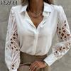 Women's Fashion Casual Summer Spring Solid Color Print Lace Long Sleeve POLO Neck Blouses & Shirts
