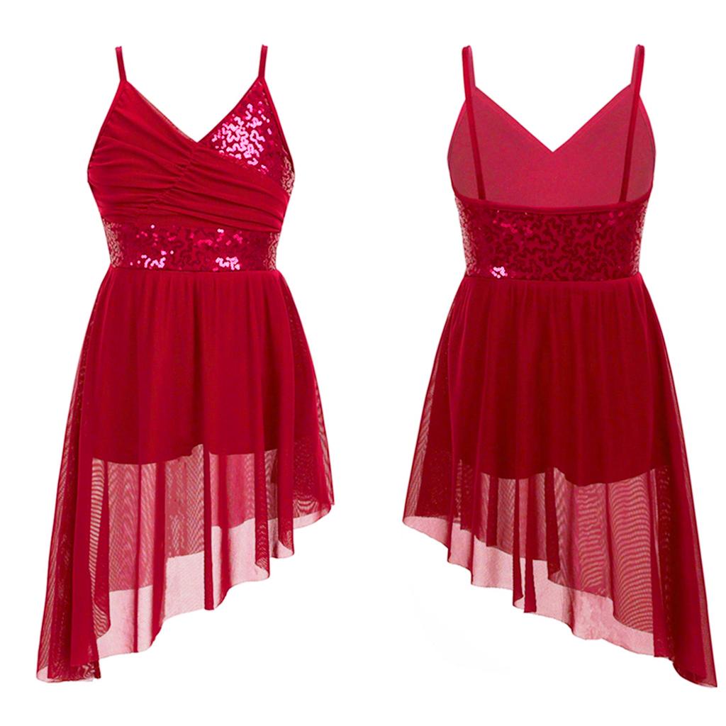 Балетное трико с блестками для девочек, лирическое современное танцевальное платье, нерегулярное платье с высоким и низким вырезом