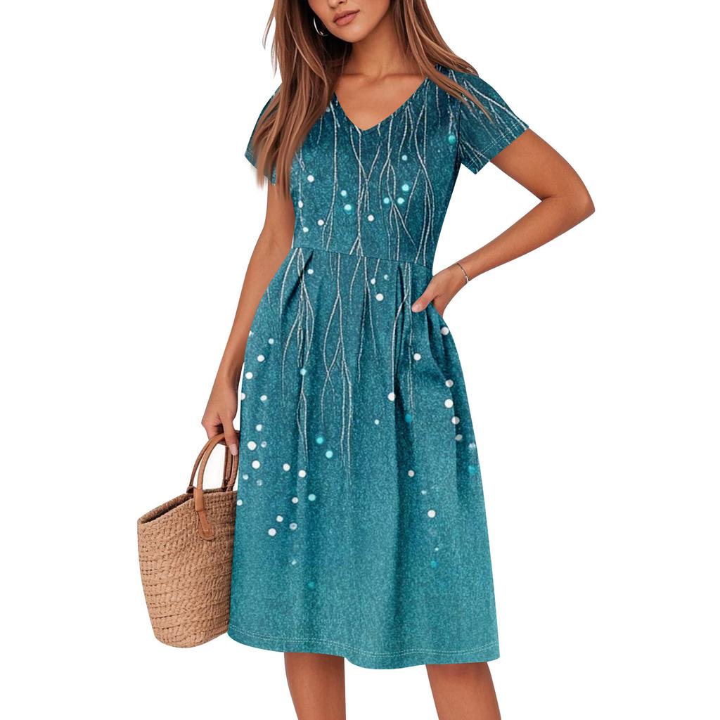 Womens Summer Dress Short Sleeve V Neck Short Dresses Fashion Casual Flowy A Line Swing Sundress With Pocket