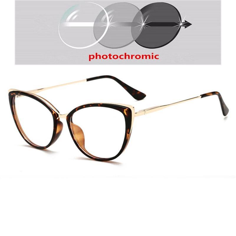 Anti-Blue Light Cat Eye Prescription Spectacle Women Myopia Lens Photochromic Glasses Diopter 0 -0.5 -0.75 -1.0 -2.0 To -6.0