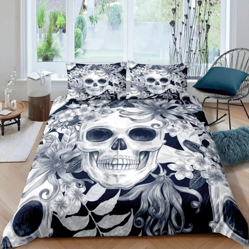 Skull Duvet Cover Golden Crown Bedding Set,3D Printed Halloween Skull With Two Beauty Quilt Cover Set,Crown Comforter Cover